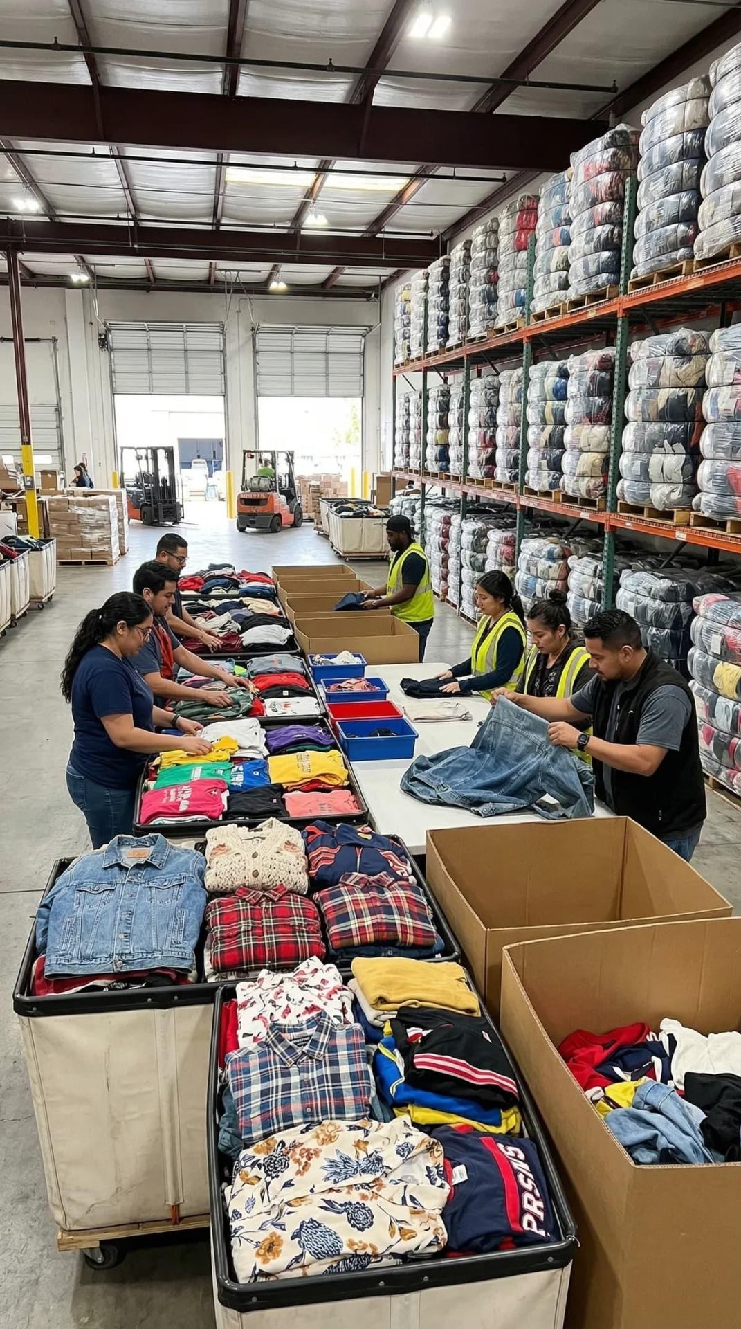 Sorting team in hi-vis vests grading imported bales of used clothing on long tables at the Manila Fashion warehouse