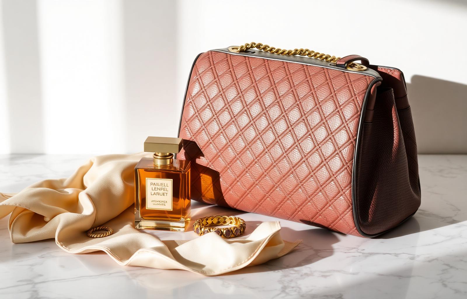 AI editorial — luxury handbag, gold jewelry and perfume