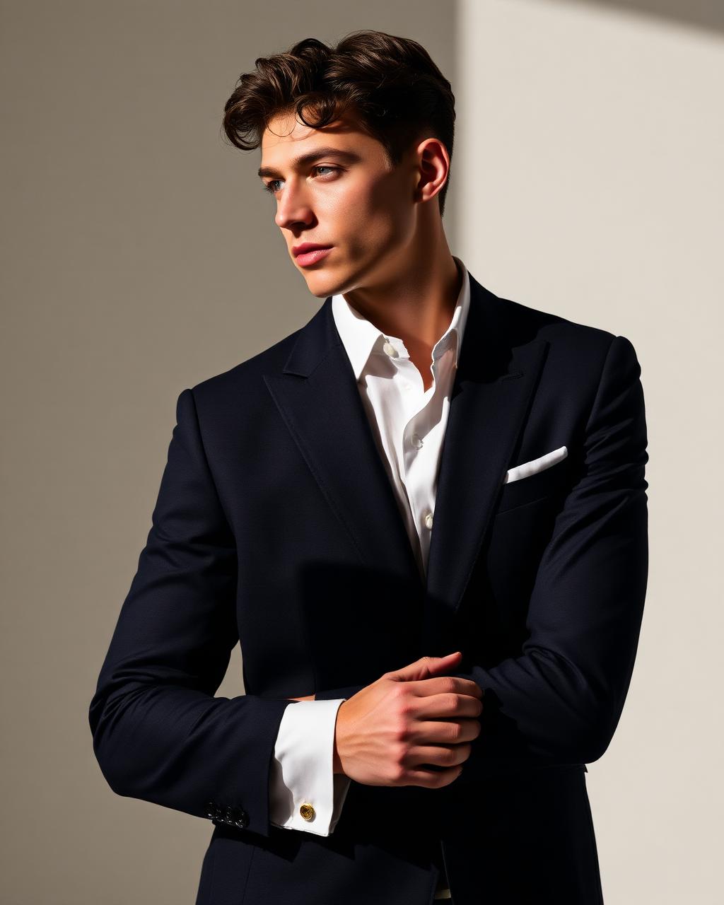 AI editorial — tailored navy blazer menswear