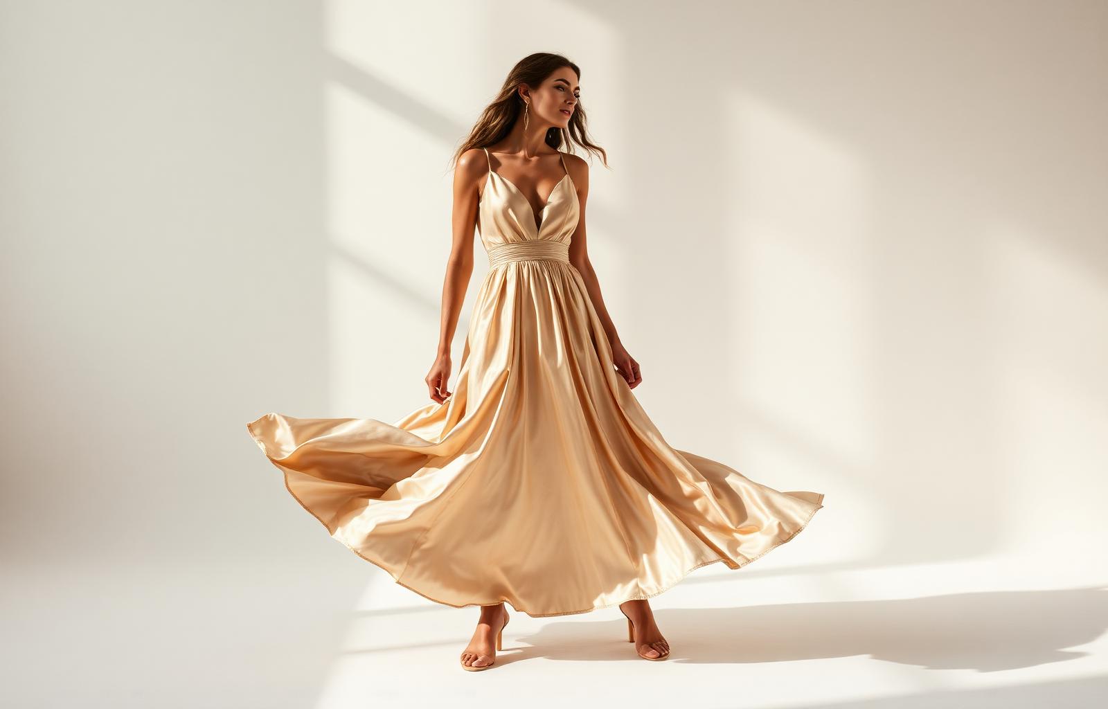 AI editorial — champagne silk womenswear